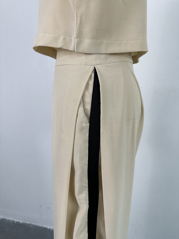Long Sleeves Wide Leg Buttoned Contrast Color Round-Neck Shirts Tops&Pants Suits