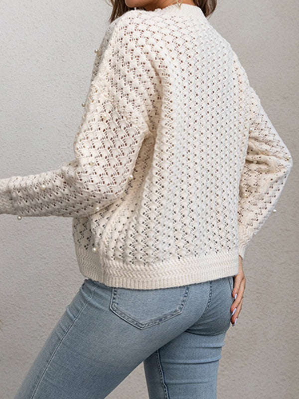 Long Sleeves Loose Beaded Hollow Solid Color Round-Neck Pullovers Sweater Tops