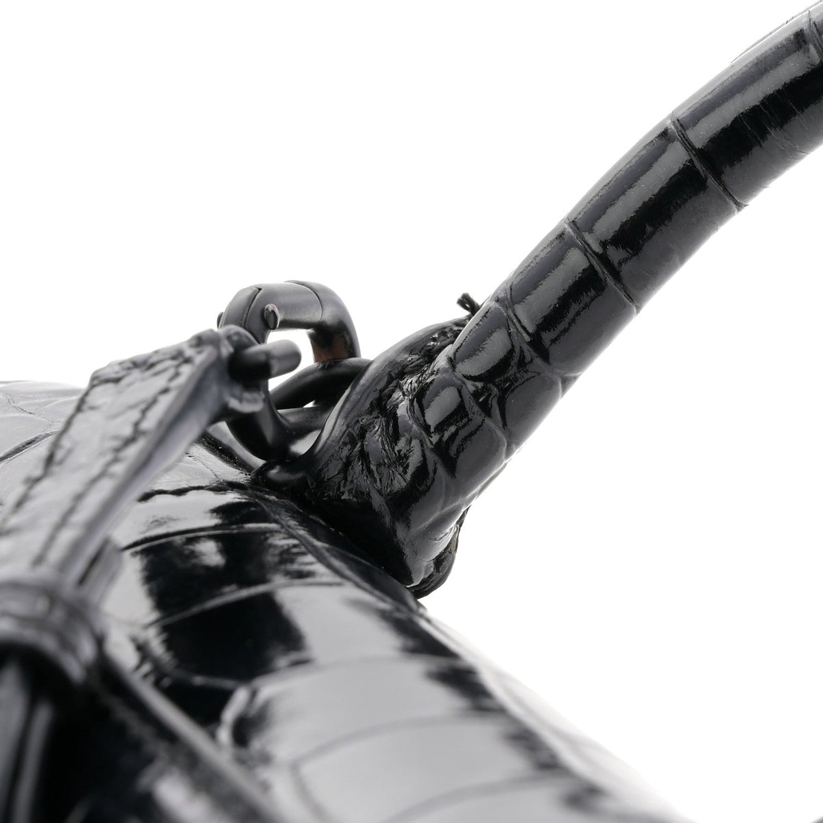 Shiny Calfskin Monochrome Crocodile Embossed Hourglass Top Handle Bag XS Black