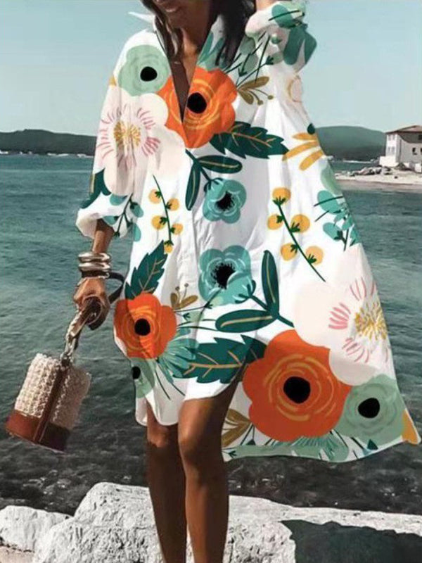 Irregular Clipping Long Sleeves Multi-Colored Wash Painting Lapel Collar Blouses