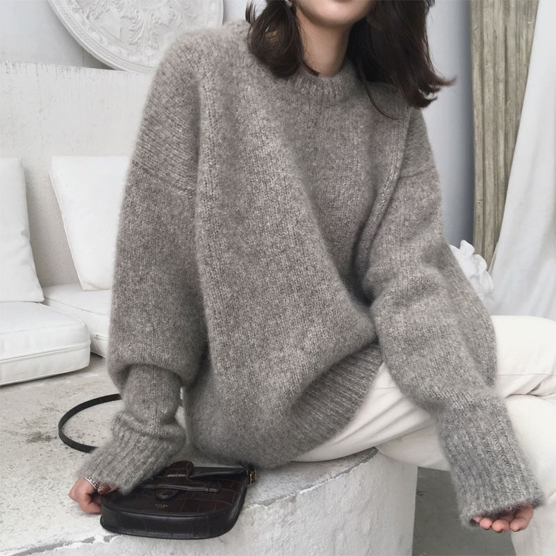 Solid Color Loose Fit Mohair Sweater