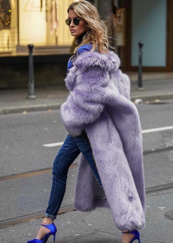 Faux Fur Lapel Coat Violet Longline Style