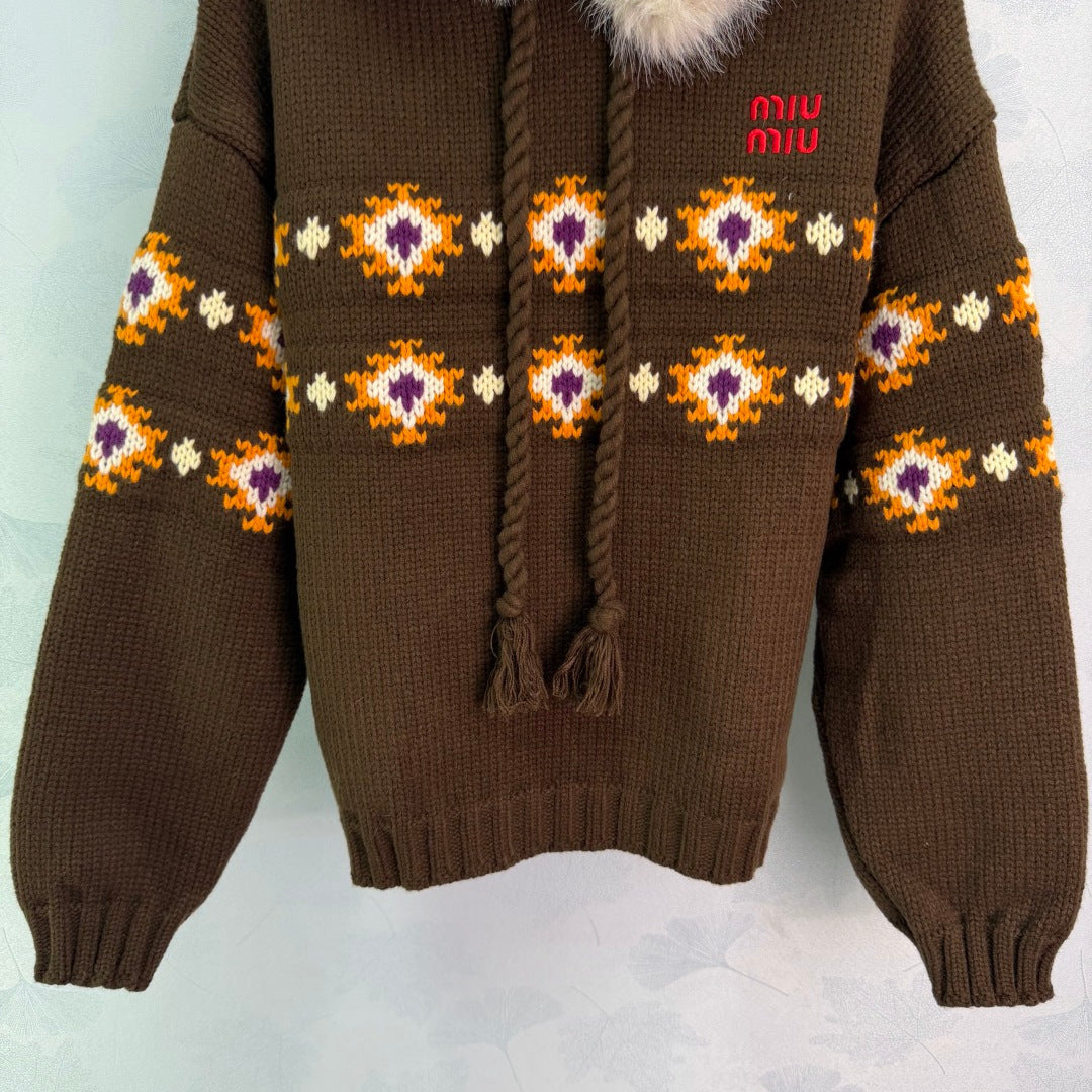Miu 26s Isle Hooded Sweater Brown Wool 345074