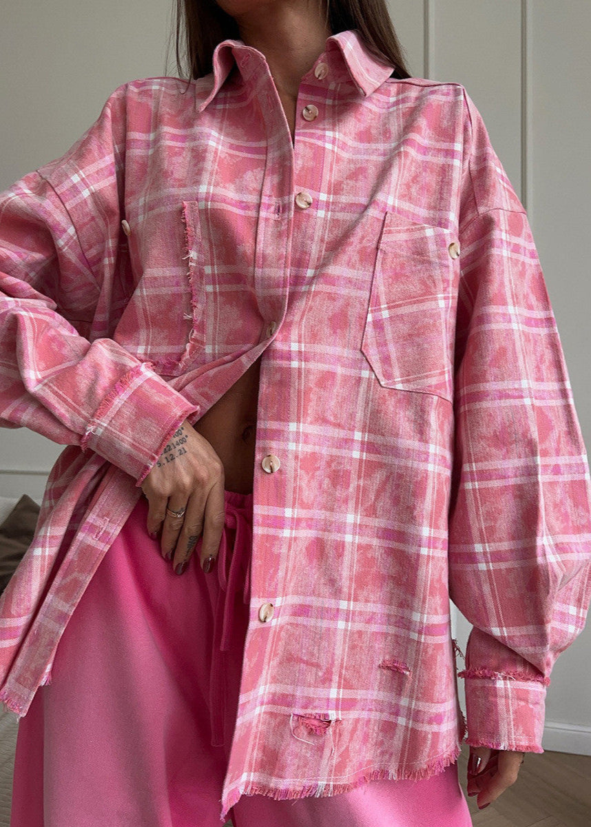 Oversized Cotton Polyester Plaid Shirt With Distressing