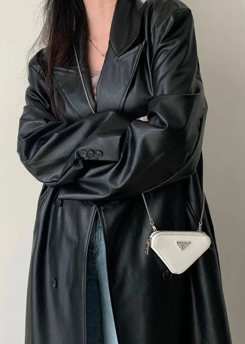 Black PU Leather Trench Coat Double Breasted Style