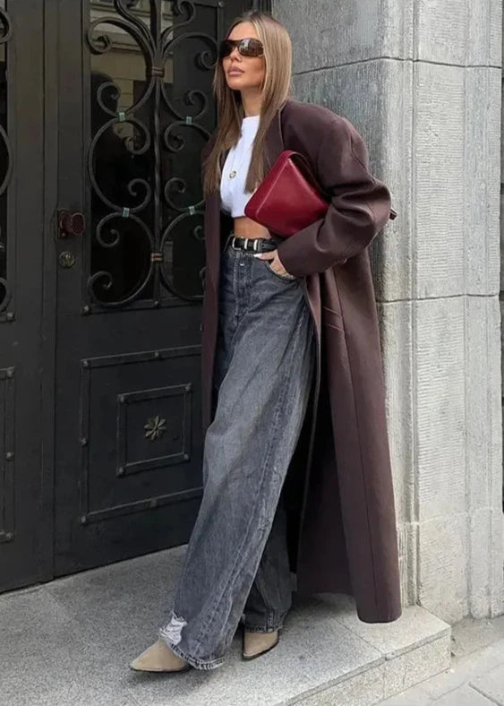 Double Breasted Wool Like Coat Dark Brown