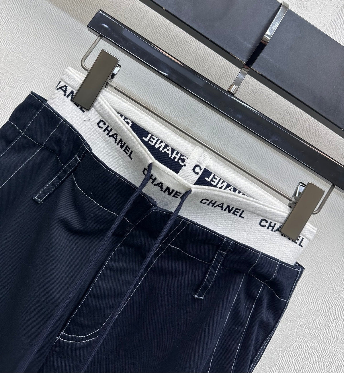 CC Drawstring Webbing Trousers Dark Navy Cotton Tencel 350184
