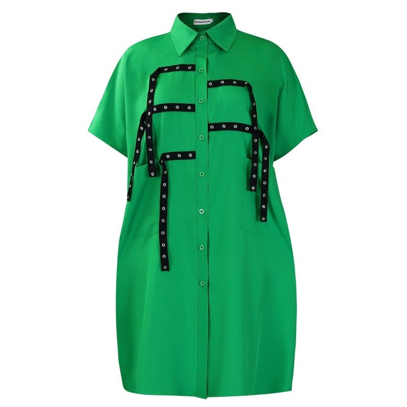 Loose Collar Short Sleeve Midi Shirt Dress