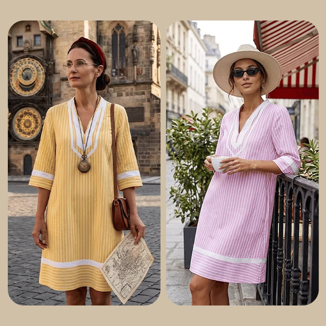 Boho V-Neck Short Sleeve Striped Dress