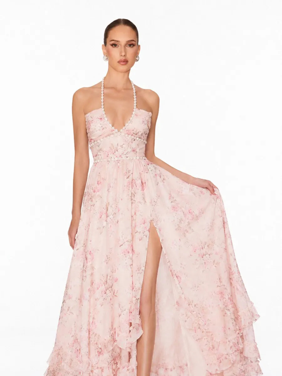 Anika Pearl-Embellished Halter-Neck Ruffled Slit Maxi Dress In Pink