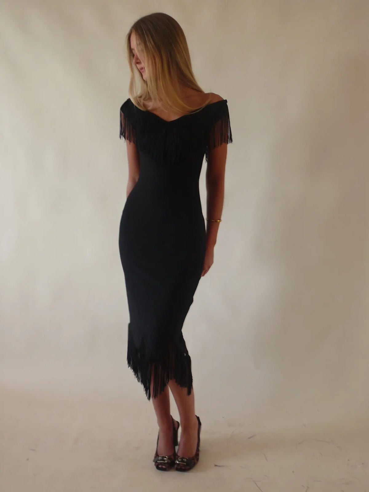 Natalia Off Shoulder Midi Dress with Fringe Trim
