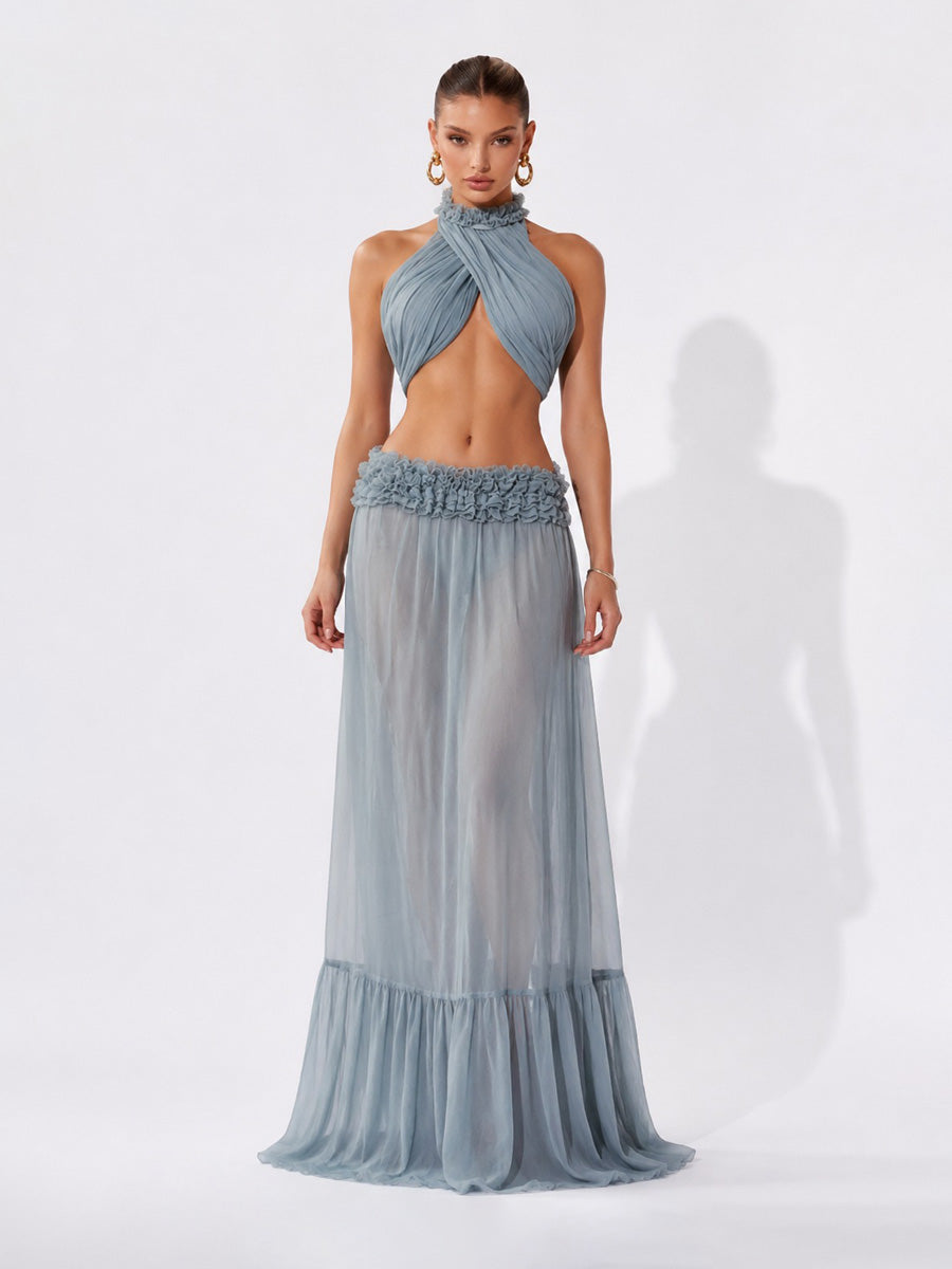 Persephone Crisscross Halter Top and Ruffled Maxi Skirt Set