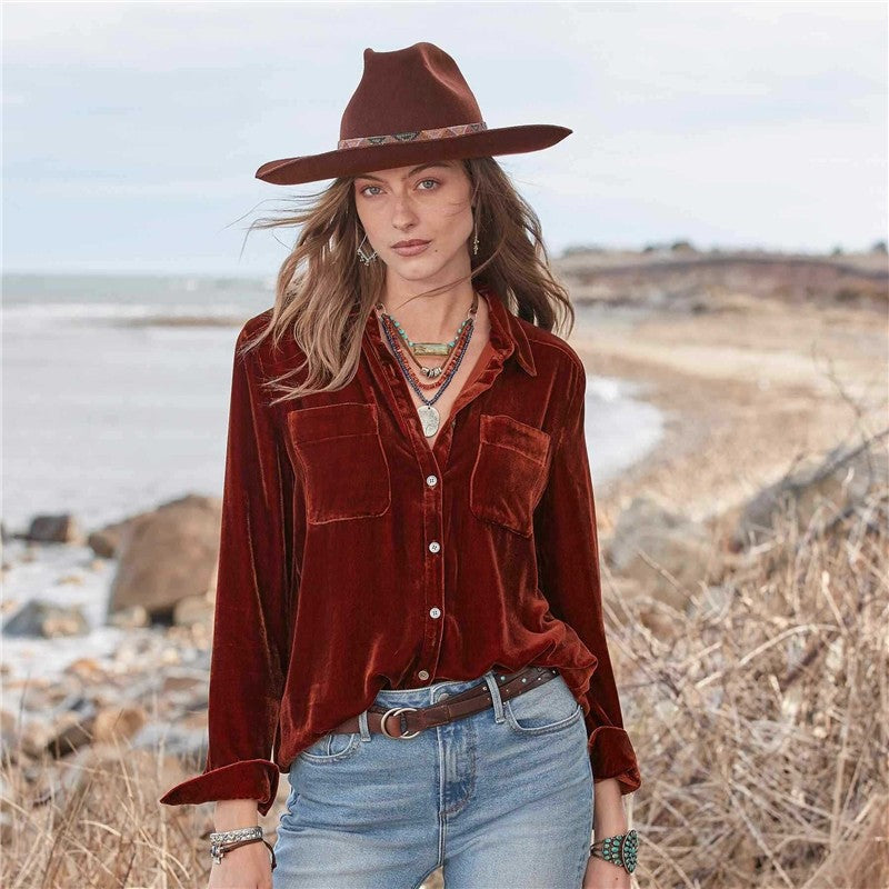 Loose Fitting Simple Solid Color Velvet Shirt