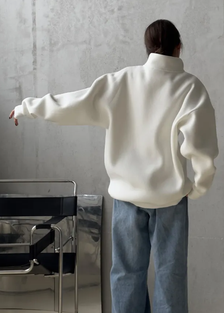 Oversized Cotton Blend Fleece Pullover With Tall Collar