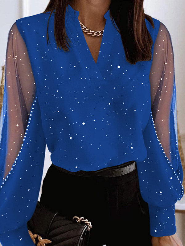 Long Sleeves Loose Beaded Mesh Split-Joint V-Neck Blouses&Shirts Tops