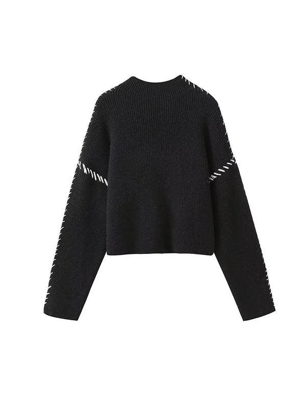 Contrast Color Loose Look-Younger Round-Neck Sweater