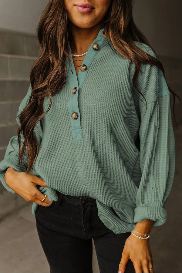 Smoke Green Waffle Patchwork Drop Sleeve Henley Top