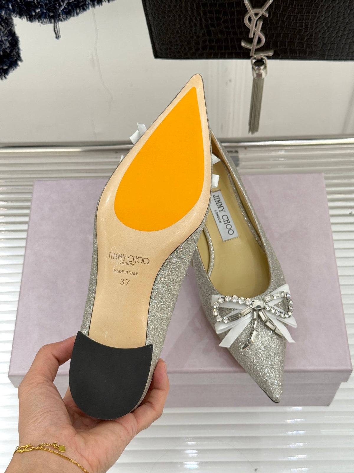 Jimmy Choo 26WF Pointed Toe Rhinestone Bow Chunky Heel Silver Sheepskin 573543