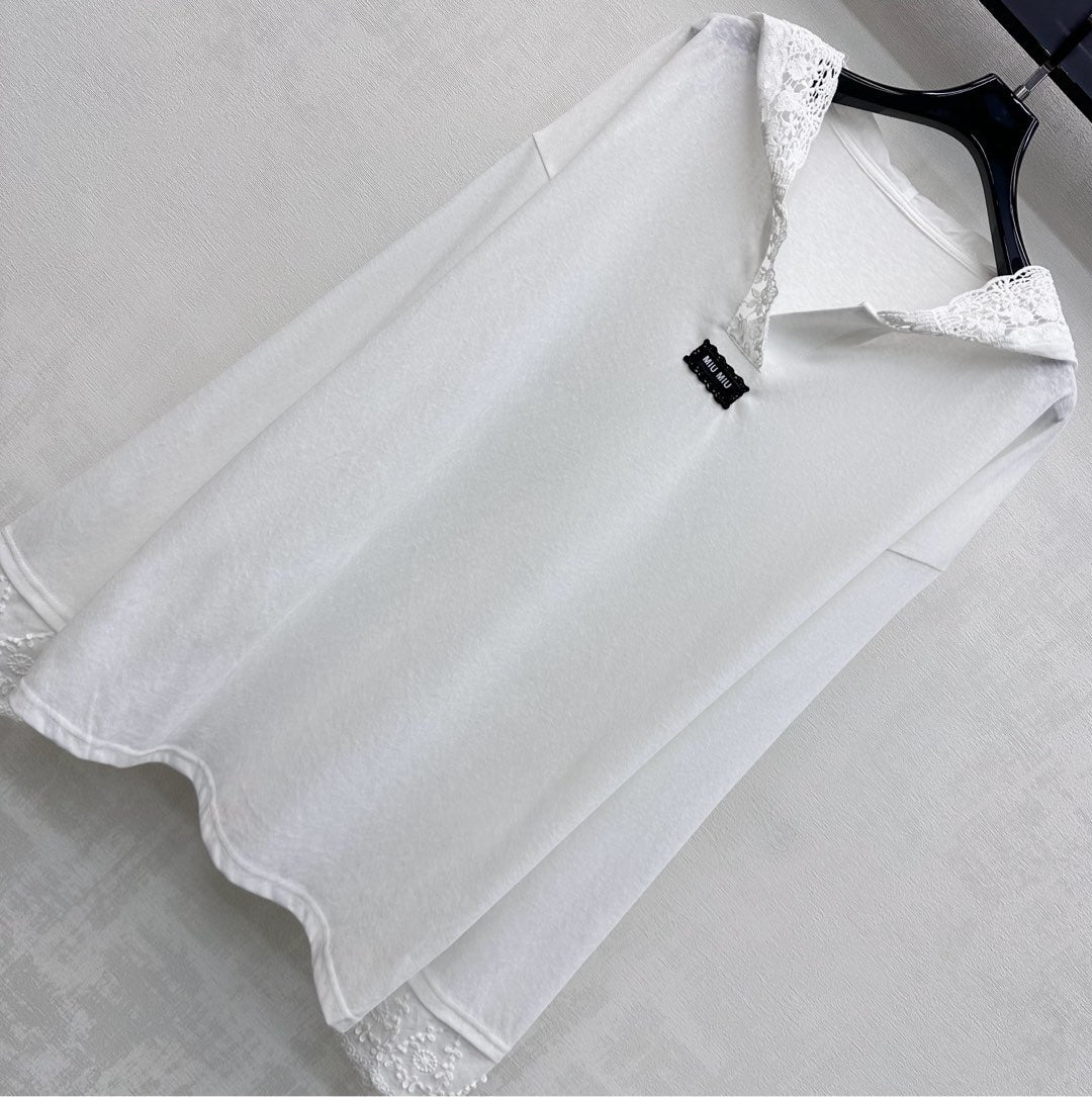 Miu SS26 Lace Hooded Long Sleeve Pullover White Wool Polyester 350278