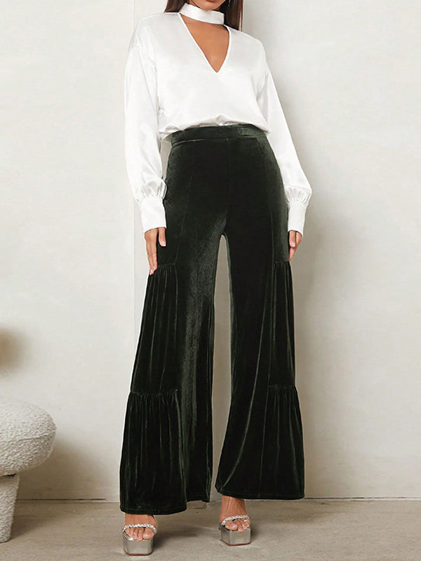 Solid Color Look-Thin Ruffled Wide Leg Pants
