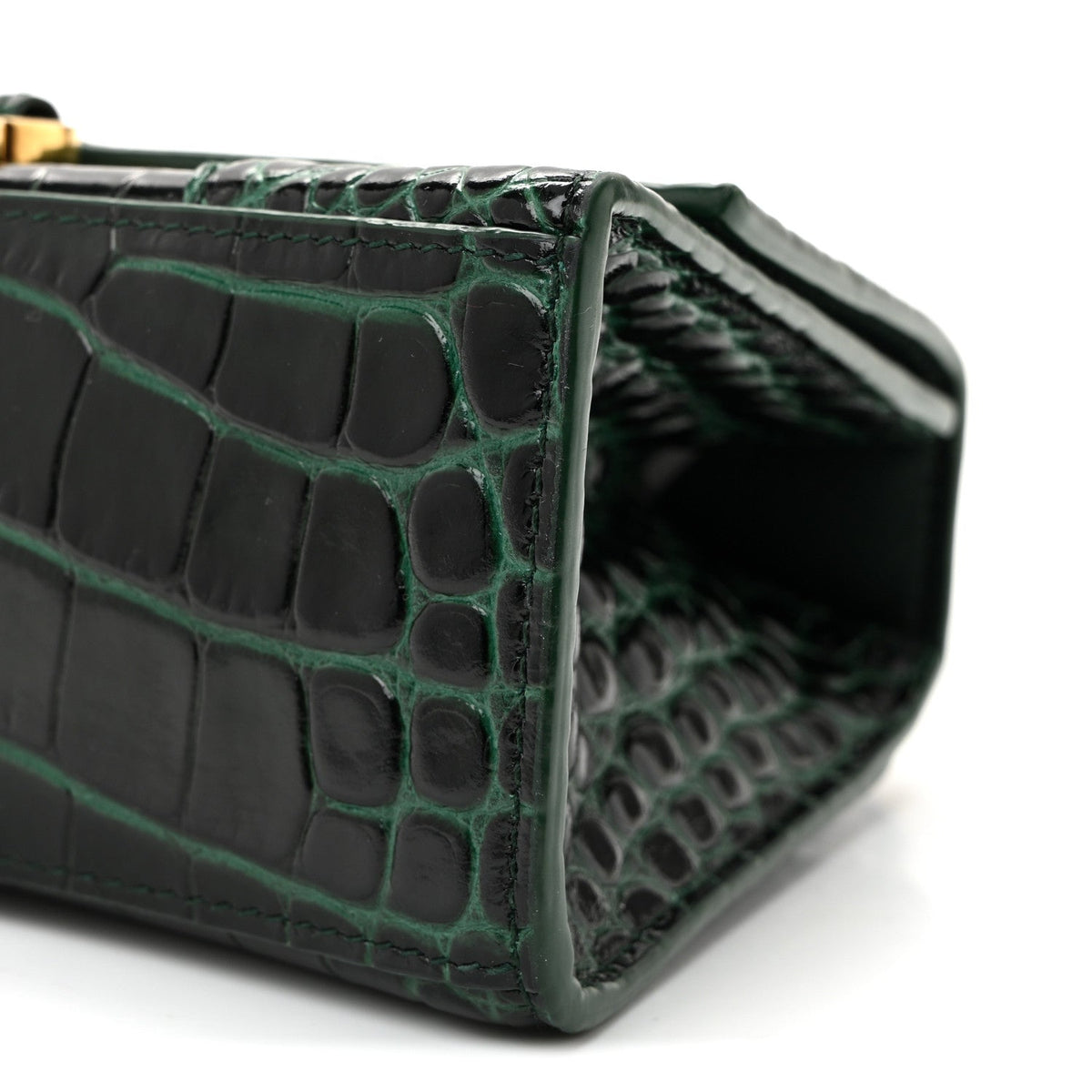 Shiny Calfskin Crocodile Embossed Hourglass Top Handle Bag XS Forest Green