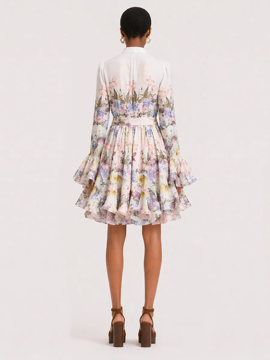 Ivy Long-Sleeve Printed Linen Mini Dress
