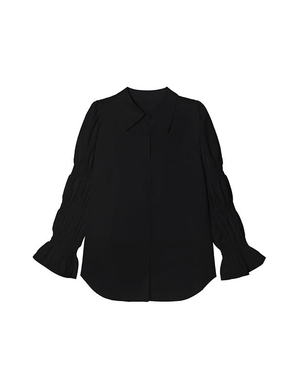 Puff Sleeves Pleated Solid Color Split-Joint Lapel Blouses