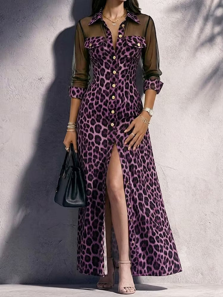 Leopard Print Mesh Sleeve Maxi Shirt Dress