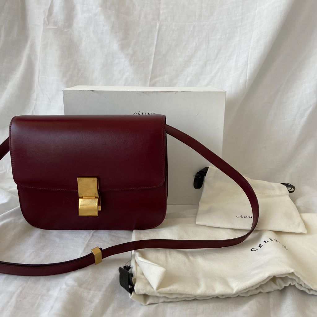 Celine Burgundy Leather Medium Classic Box Shoulder Flap Bag