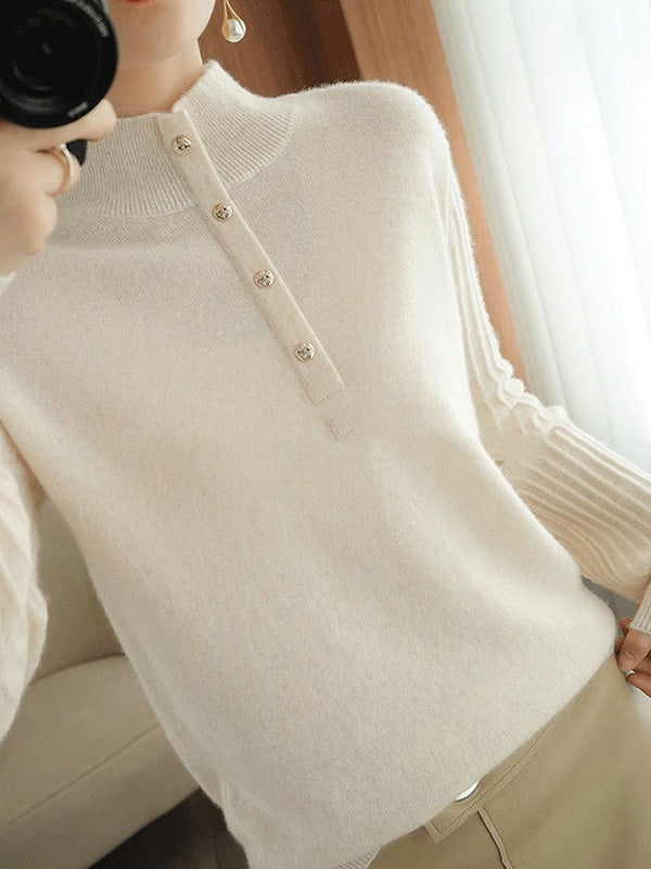 Casual Puff Sleeves Long Sleeves Solid Color Half Turtleneck Sweater Tops