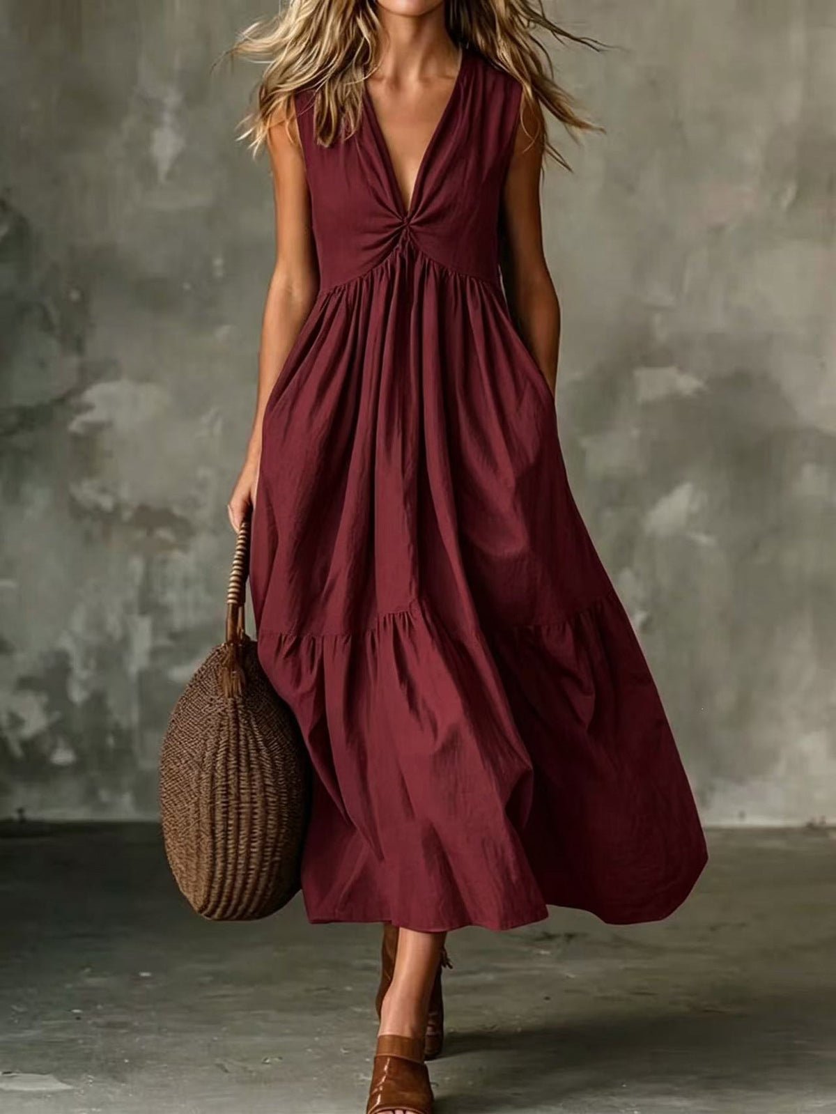 Twist Front V-Neck Sleeveless Pocket Textured Flowy Maxi Dress