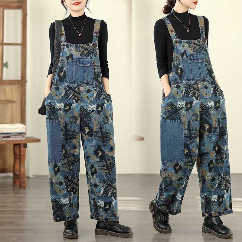 Loose Print Denim Overalls