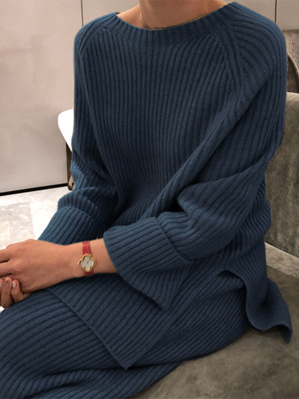 Long Sleeves Wrap Solid Color Split-Side Round-Neck Sweater Tops&Pants Suits