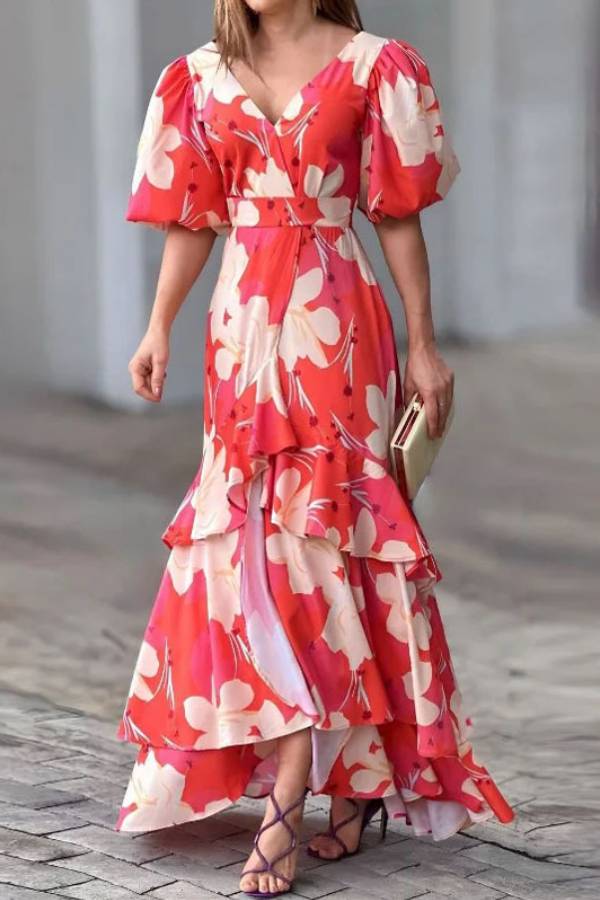 Fashionable Elegant V Neck Printed Party \/ Vocation Layered Dress