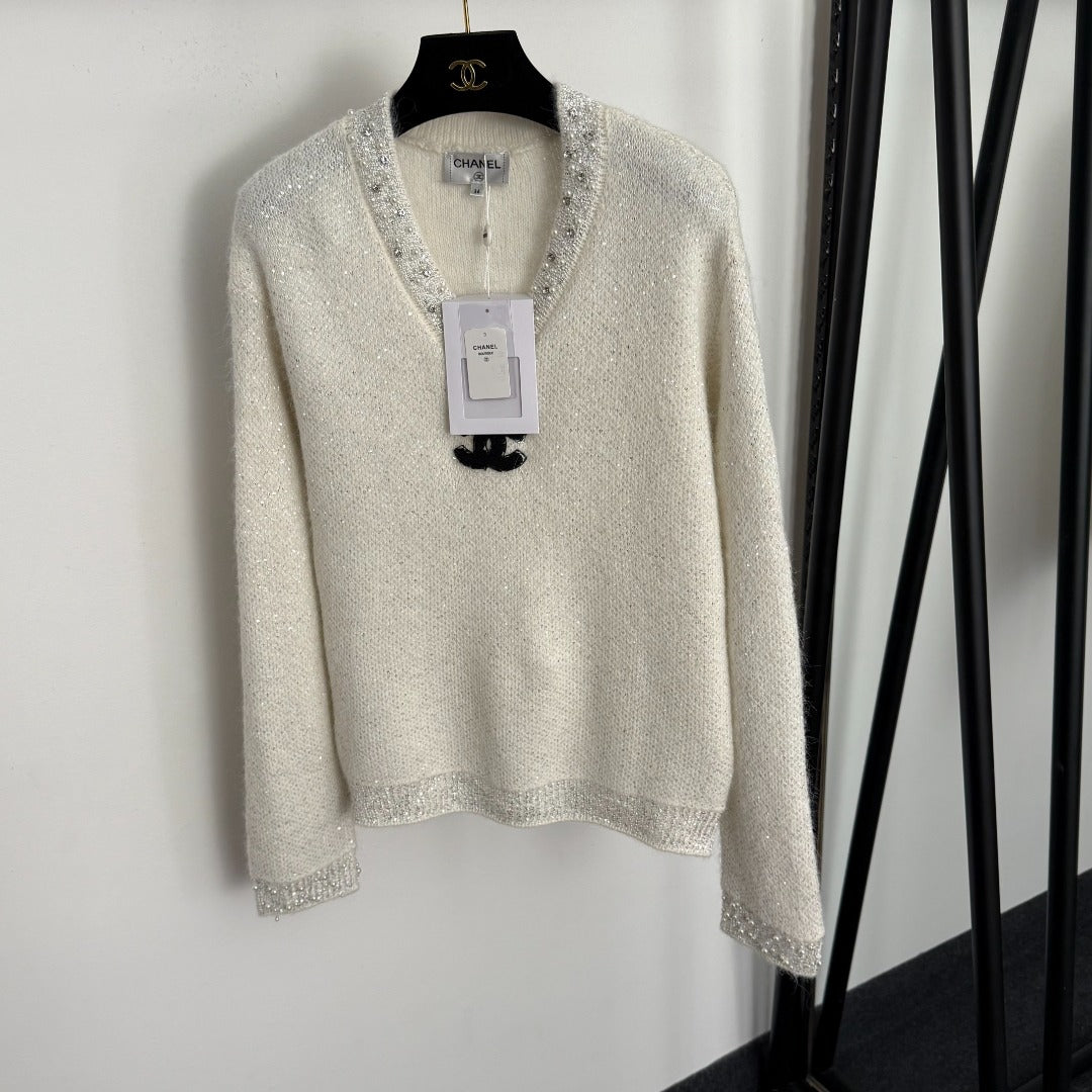 Chanel Rhinestone-Studded V-Neck Long-Sleeve White Wool Knit Sweater