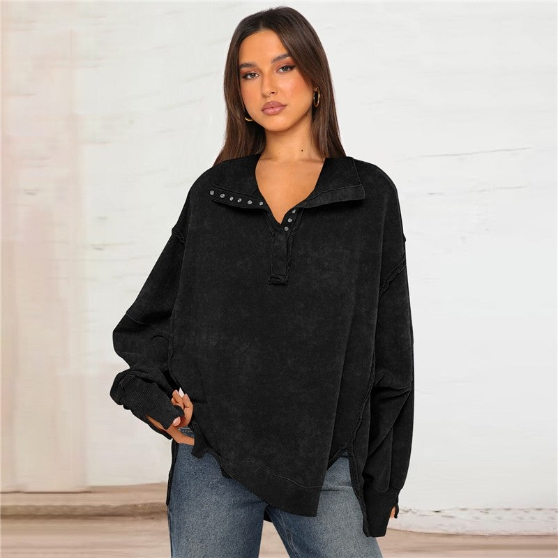 Polo Collar Split Sleeve Loose Sweatshirt Women
