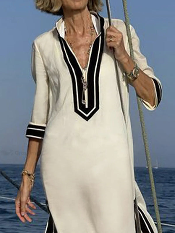 Loose Three-Quarter Sleeves Split-Joint Split-Side Zipper V-Neck Maxi Dresses Shirt Dress