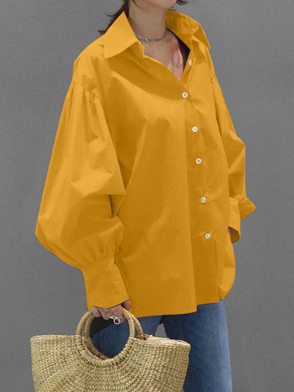 Long Sleeves Loose Buttoned Pleated Solid Color Lapel Blouses&Shirts Tops
