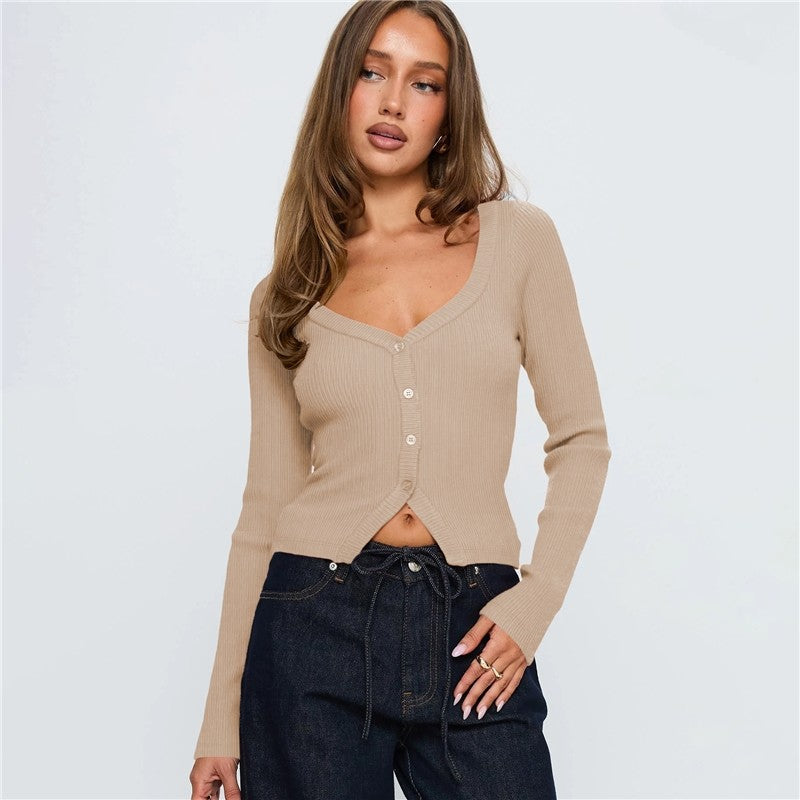 V Neck Long Sleeve Ribbed Button Cardigan
