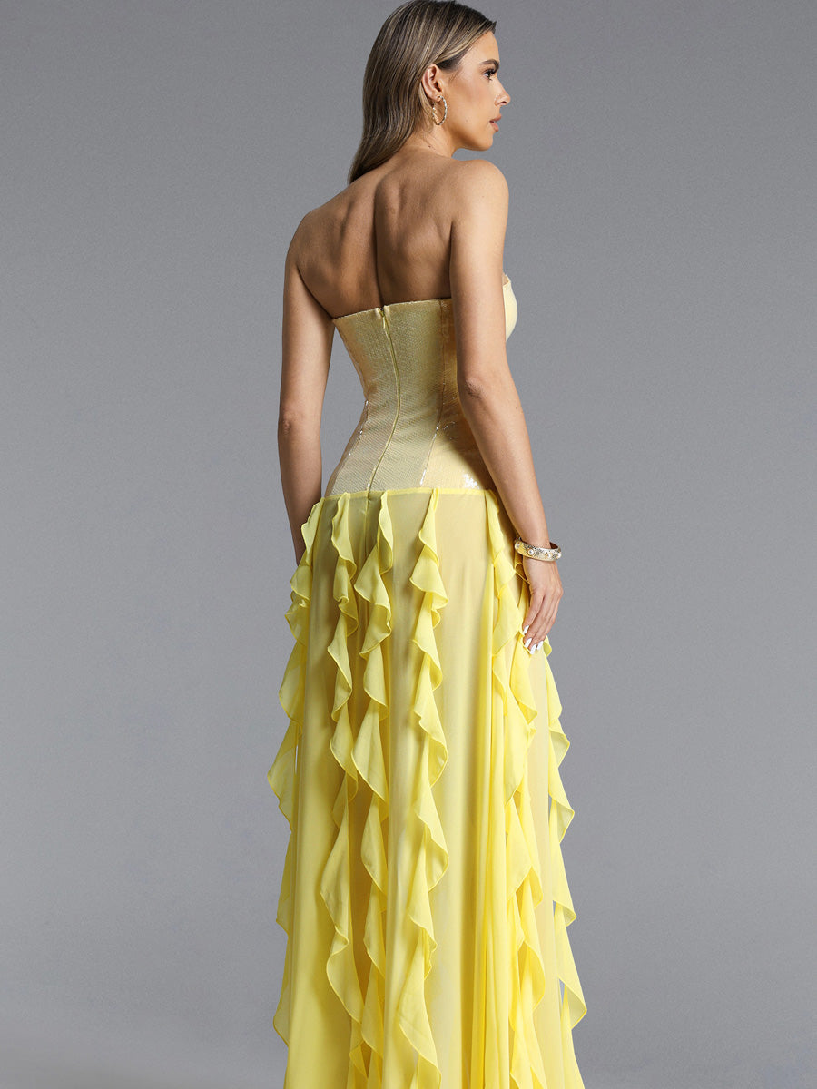 Hazel Strapless Ruffle Trim Sequin Maxi Dress