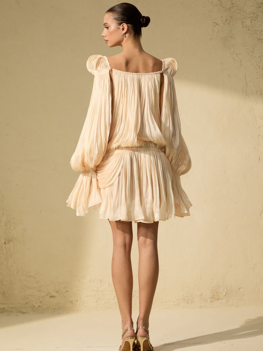 Imelda Beige Puff Sleeve Ruffle Hem Mini Dress