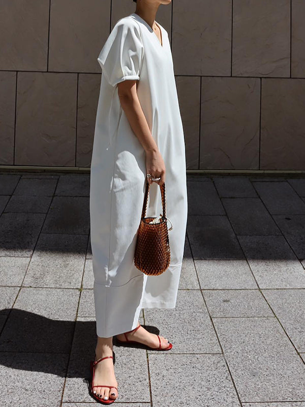 Loose Short Sleeves Solid Color Split-Joint V-Neck Maxi Dresses