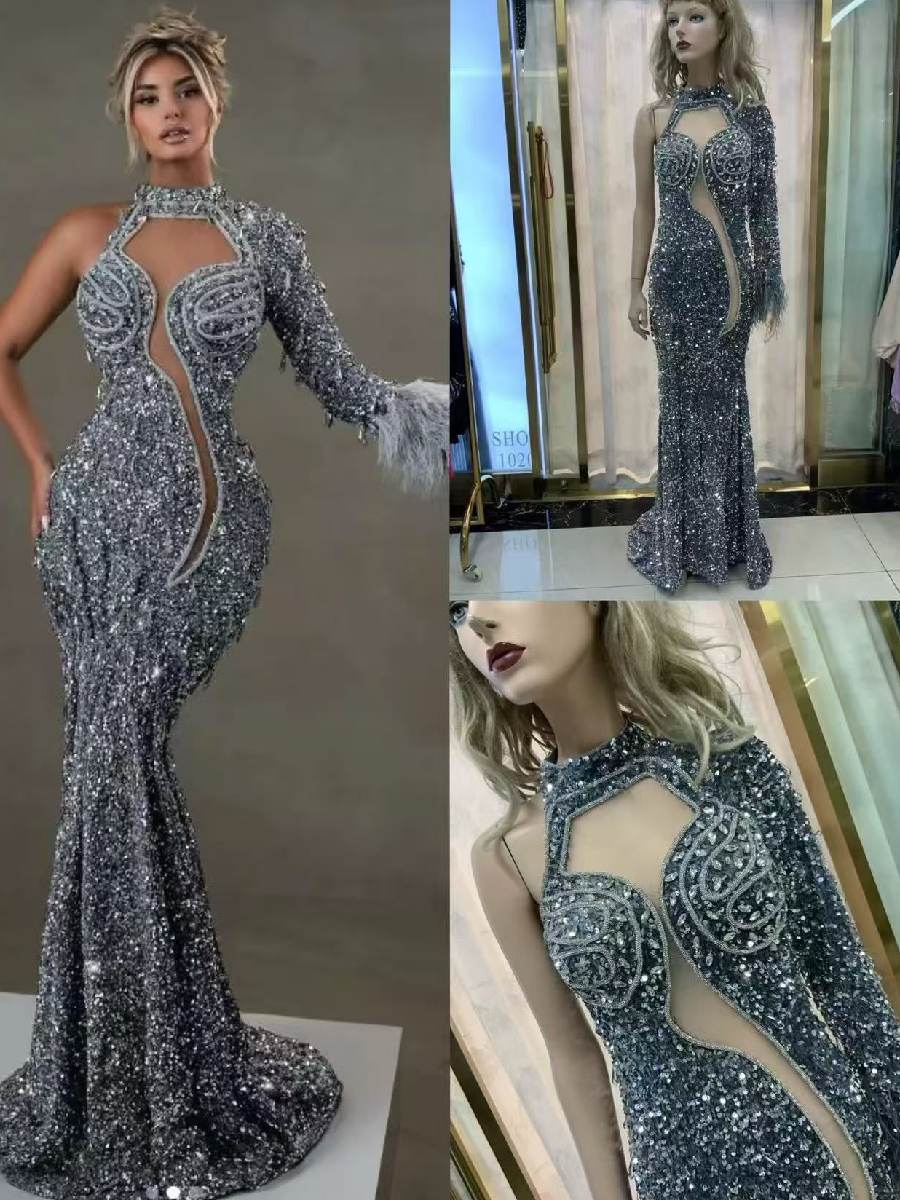 Alessia One Sleeve Sequin Maxi Dress