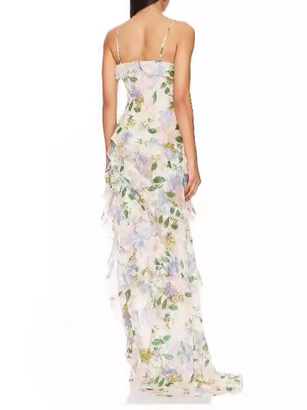 Flower Printed Ruffled Sleeveless Spaghetti-Neck Wrap Evening Maxi Dresses