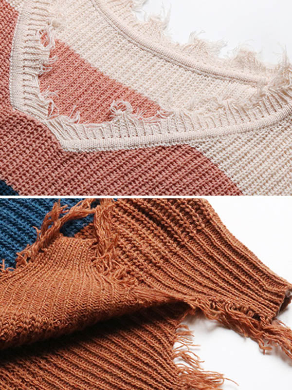 Urban Loose Fringed Contrast Color V-Neck Sweater