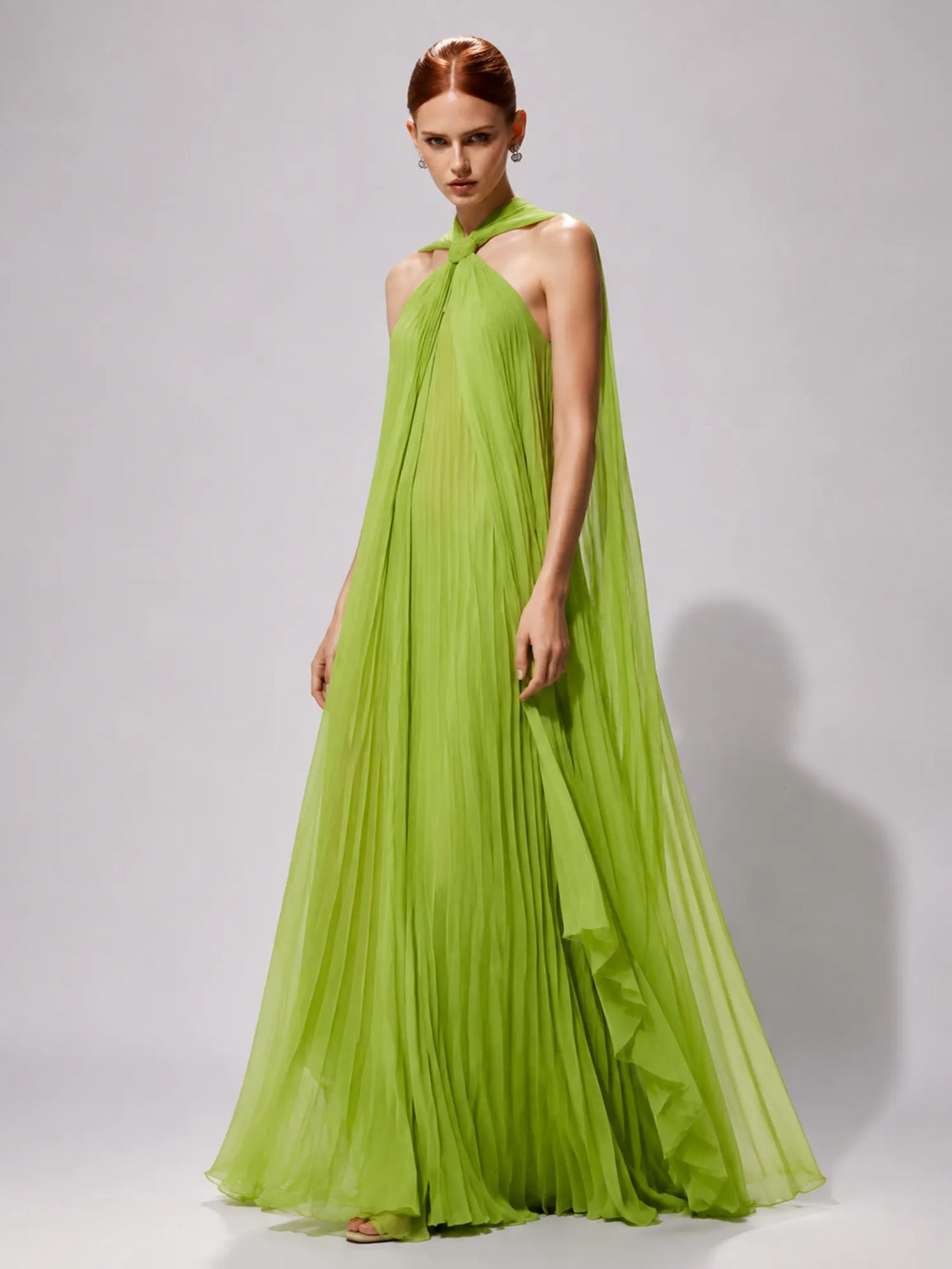 Talia Pleated Mesh Maxi Dress In Green