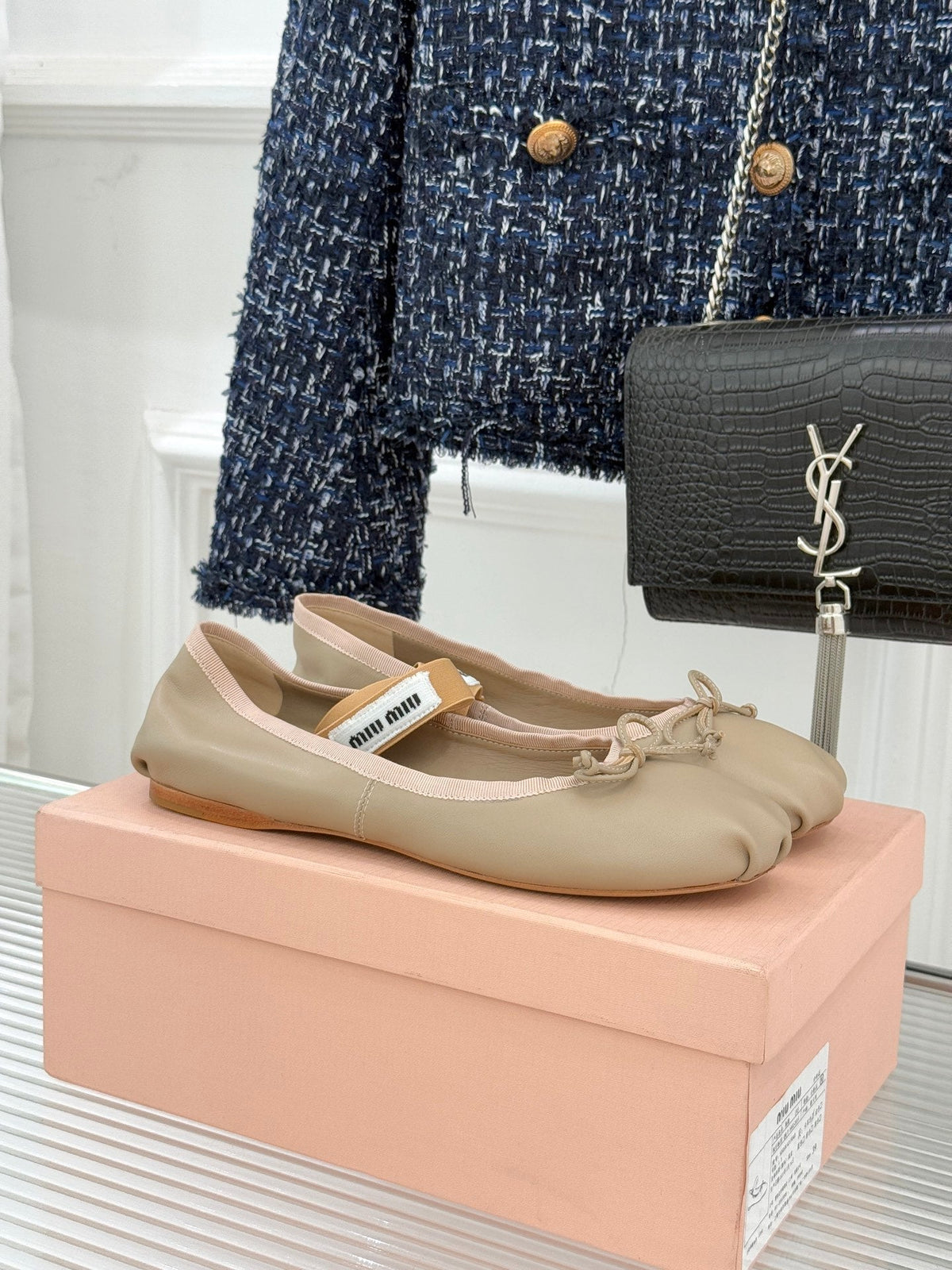 Miu Classic Bow Letter Ballet Flat Dark Beige Sheepskin 571000