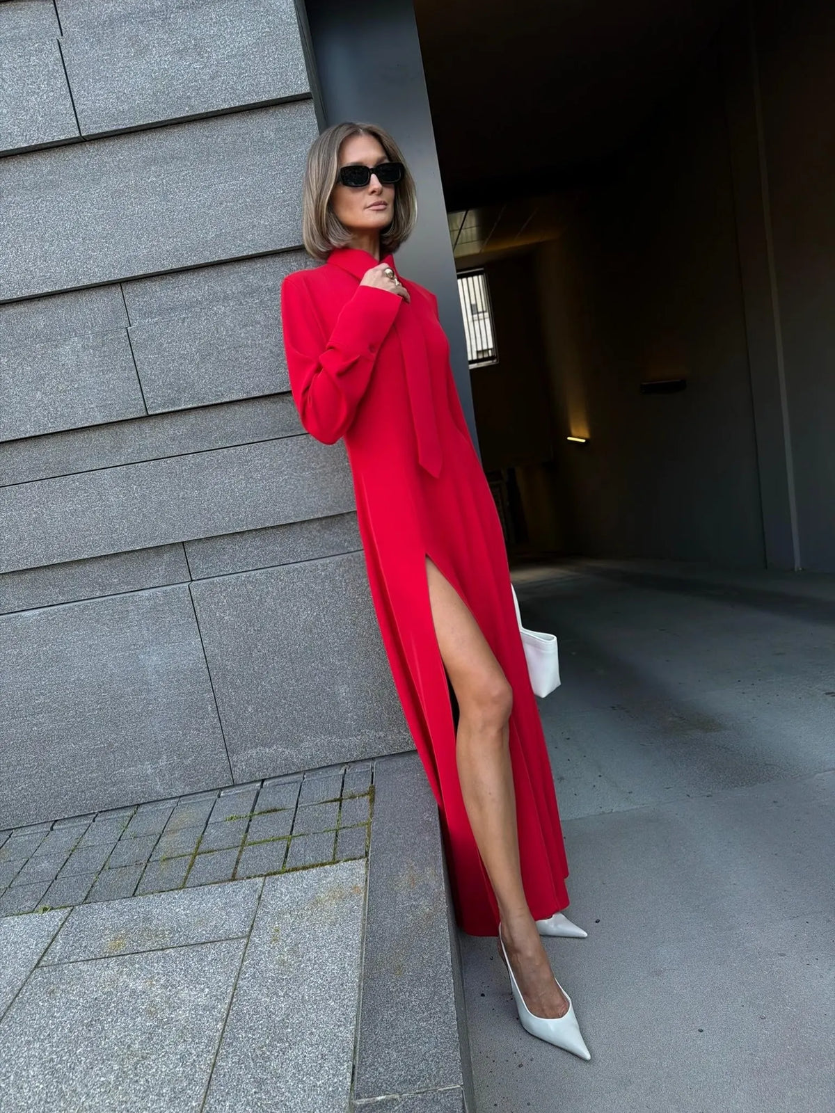 Elowen Tie Neck Slit Maxi Dress In Red