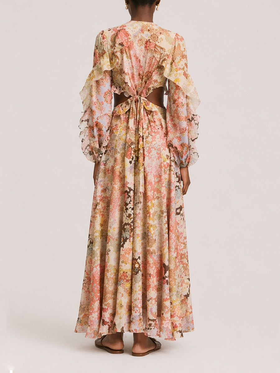 Eloise Long-Sleeve Cutout Printed Maxi Dress