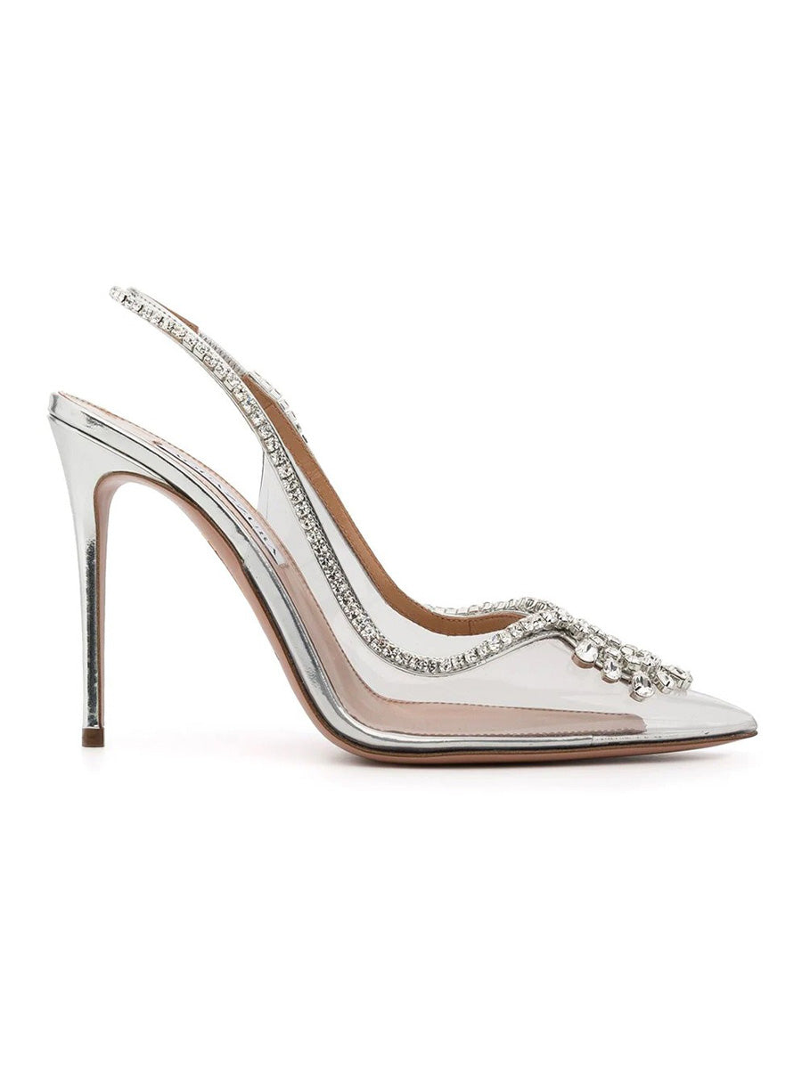 Sapphira Pointed-Toe Clear Strappy Stiletto Heels with Rhinestones
